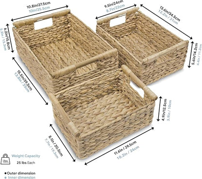 VATIMA Hyacinth Wicker Basket Set 3 size - Rectangular, Wooden Handles, Shelf Organizer, Natural Bins