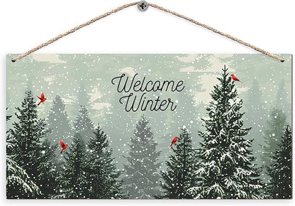 Welcome Winter Hanging Wooden Signs 12x6, Pine Tree Decor, Winter Door Decorations, Winter Door Sign, Snowflake Pine Trees Birds Home Room Office Hanging Wall Decor