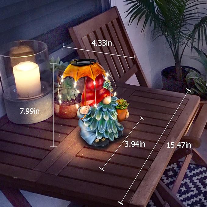 Solar Outdoor Statues Gnome Garden Decor, Garden Gnome with Solar LED Umbrella Decorative for Patio, Balcony, Lawn, Yard Ornament - Unique Gardening Gifts for Mom Grandma