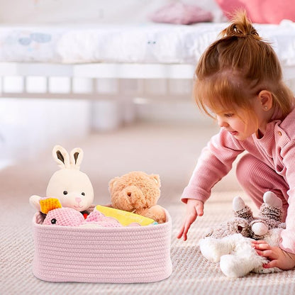 Small Woven Storage Baskets 13“X9”X5“ Decorative Rope Bins for Organizing Shelves, Closets, and Toys, Empty Gift Baskets, Cute Organizer Basket for Home and Office (pink, Large)