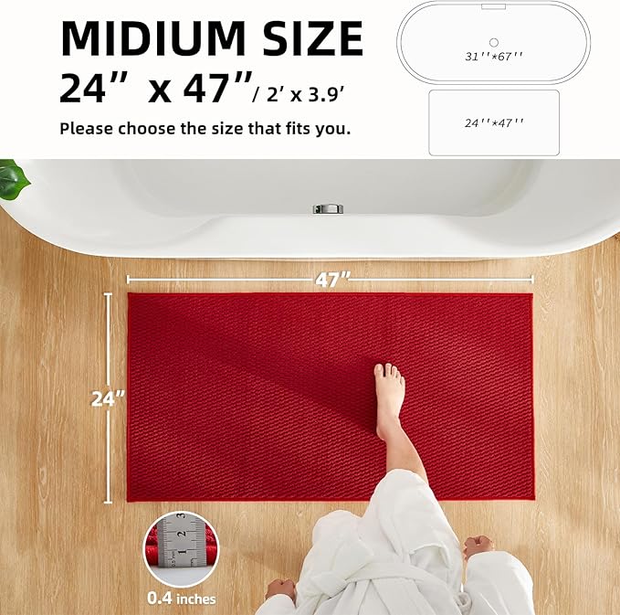 Bathroom Rugs Non Slip Washable, Super Absorbent Thin Bath Mat Quick Dry Low Pile Bathroom Rug, Red 24"x47"