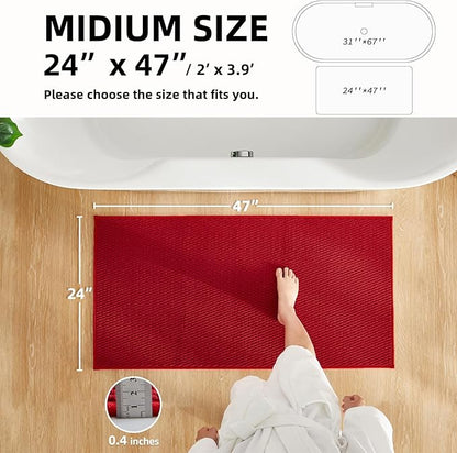 Bathroom Rugs Non Slip Washable, Super Absorbent Thin Bath Mat Quick Dry Low Pile Bathroom Rug, Red 24"x47"