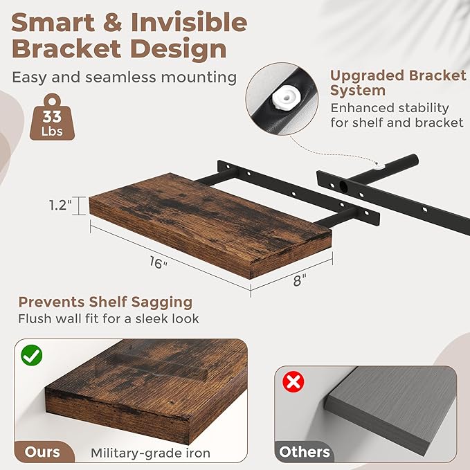 16 Inch Floating Shelves for Wall Set of 2, 8"D Wood Grain Bathroom Shelves with Invisible Brackets, Easy Install Engineered Wood Storage Shelves for Kitchen, Living Room, Bedroom, Rustic Brown Finish