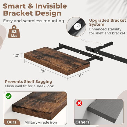 16 Inch Floating Shelves for Wall Set of 2, 8"D Wood Grain Bathroom Shelves with Invisible Brackets, Easy Install Engineered Wood Storage Shelves for Kitchen, Living Room, Bedroom, Rustic Brown Finish