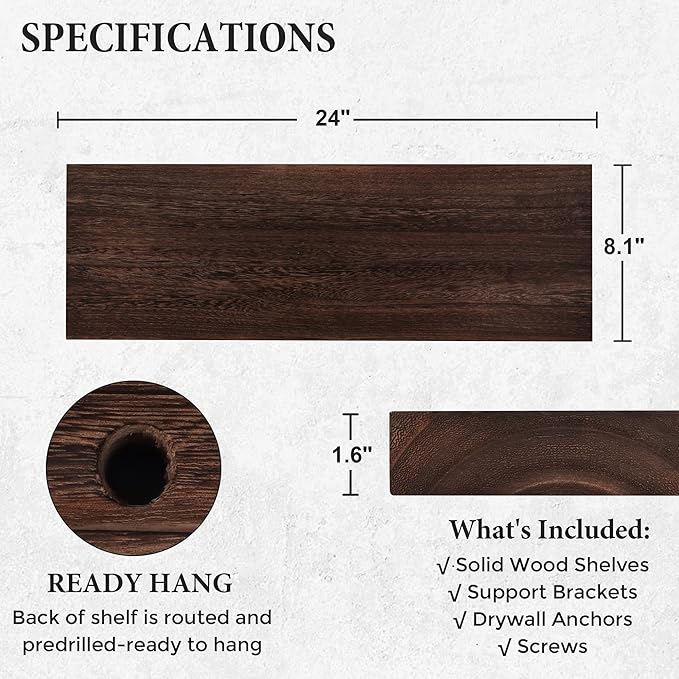 Axeman Floating Shelves, 2 Pack 8 Inch Deep Rustic Solid Wood Wall Shelves for Storage, Wall Mounted Display Shelving with Invisible Heavy-Duty Metal Bracket, 24" W x 8" D x 1.6" H, Rustic Brown