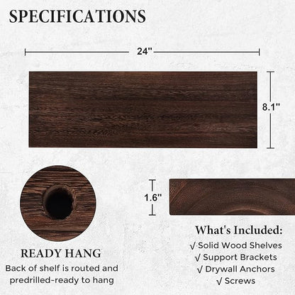 Axeman Floating Shelves, 2 Pack 8 Inch Deep Rustic Solid Wood Wall Shelves for Storage, Wall Mounted Display Shelving with Invisible Heavy-Duty Metal Bracket, 24" W x 8" D x 1.6" H, Rustic Brown