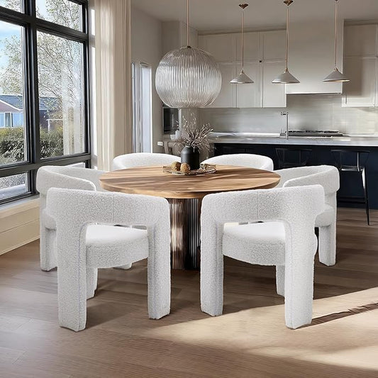 White Boucle Dining Chairs Set of 6, Modern Barrel Dining Room Chairs Upholstered Faux Fur Accent Chair with Arms and Round Back for Living Room Kitchen Armchair No Assembly Needed