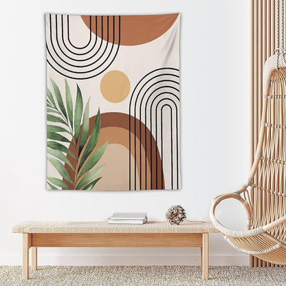 Abstract Bohemian Mid Century Tapestry, Tropical Leaves Modern Geometric Archway Minimalist Bohemian Botanical Aesthetic Wall Hanging, Sage Green Gold Home Decor Art for Bedroom 40x60 Inch