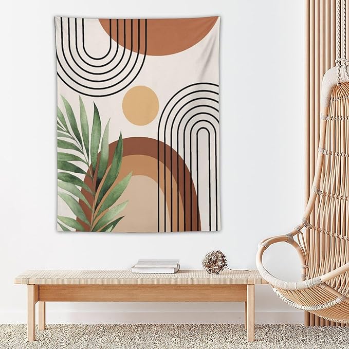 Abstract Bohemian Mid Century Tapestry, Tropical Leaves Modern Geometric Archway Minimalist Bohemian Botanical Aesthetic Wall Hanging, Sage Green Gold Home Decor Art for Bedroom 60x60 Inch