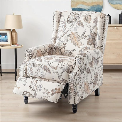 UIXE Pushback Recliner Chair, Fabric Upholstered Armchair Push Back Accent Chair for Living Room, Rivet Trim Home Theater Single Sofa Bedroom Reading Seat with Footrest - Beige Plants