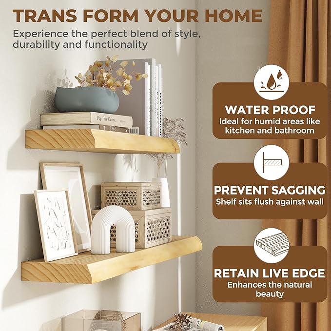 RICHFOCUS Live Edge Wood Floating Shelves 72" Natural Solid Wood Wall Mounted Shelf|Extra Long Floating Shelves for Wall with Invisible Bracket for Bathroom Kitchen Room|1Pcs, Natural