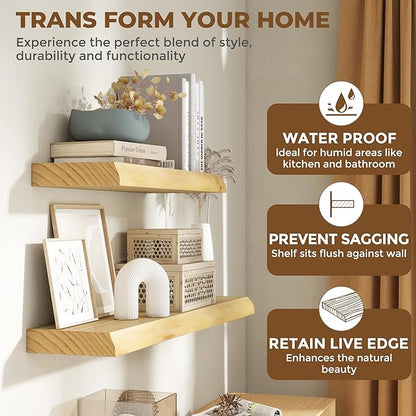 RICHFOCUS Live Edge Wood Floating Shelves 55" Natural Solid Wood Wall Mounted Shelf|Extra Long Floating Shelves for Wall with Invisible Bracket for Bathroom Kitchen Room|1Pcs, Natural