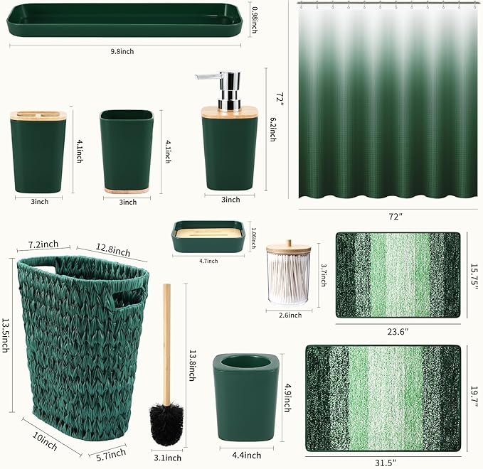 Dark Green Bathroom Accessories Set with Wicker Trash Can Shower Curtain and Rugs,Bathroom Sets Small Waste Basket Bathroom Trash Can for Bedroom Bathroom