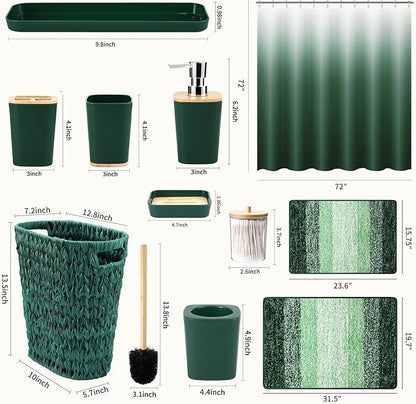 Dark Green Bathroom Accessories Set with Wicker Trash Can Shower Curtain and Rugs,Bathroom Sets Small Waste Basket Bathroom Trash Can for Bedroom Bathroom