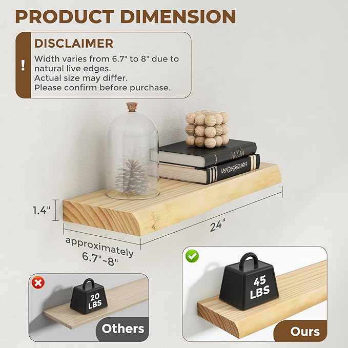RICHFOCUS Live Edge Wood Floating Shelves for Wall 24" Natural Solid Wood Wall Mounted Shelf|8 Inch Deep Wooden Floating Shelves with Invisible Bracket for Bathroom Kitchen Room|2Pcs, Natural
