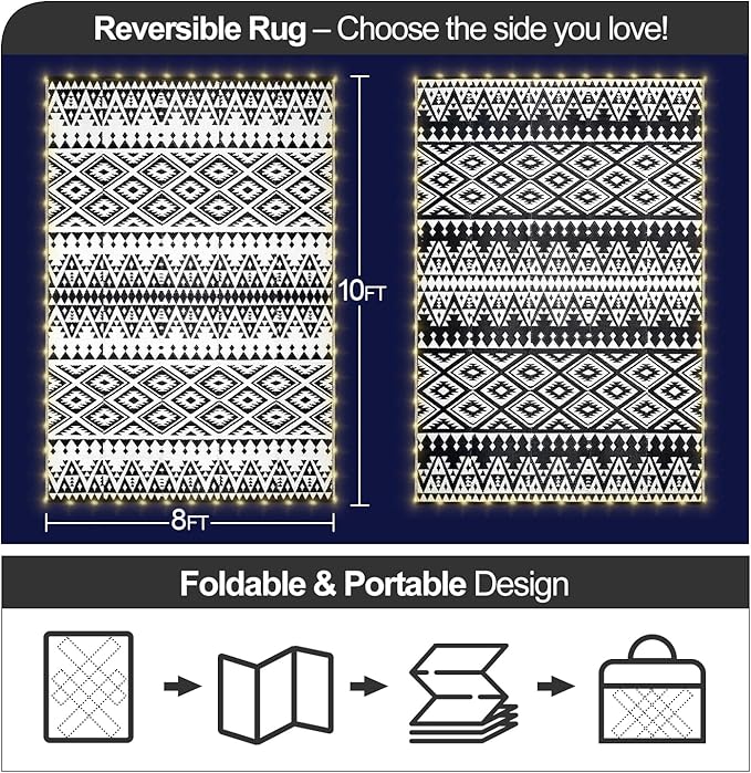 8x10ft Waterproof Outdoor Rug with LED Lights, Bohemia Reversible Plastic Straw Mat for Patio RV Camping Picnic Balcony Beach Deck Indoor Outdoor Carpet, Black&White
