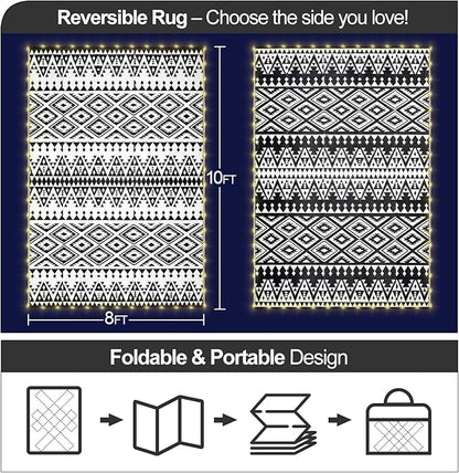 8x10ft Waterproof Outdoor Rug with LED Lights, Bohemia Reversible Plastic Straw Mat for Patio RV Camping Picnic Balcony Beach Deck Indoor Outdoor Carpet, Black&White