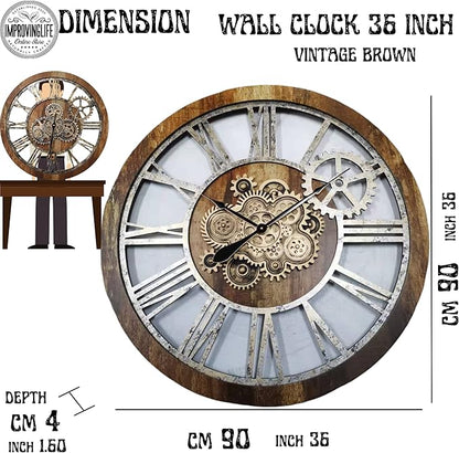 The Gears Clock 36'' Inch Real Moving Gear Wall Clock Vintage Industrial Oversized Rustic Farmhouse (Wood and Stone)