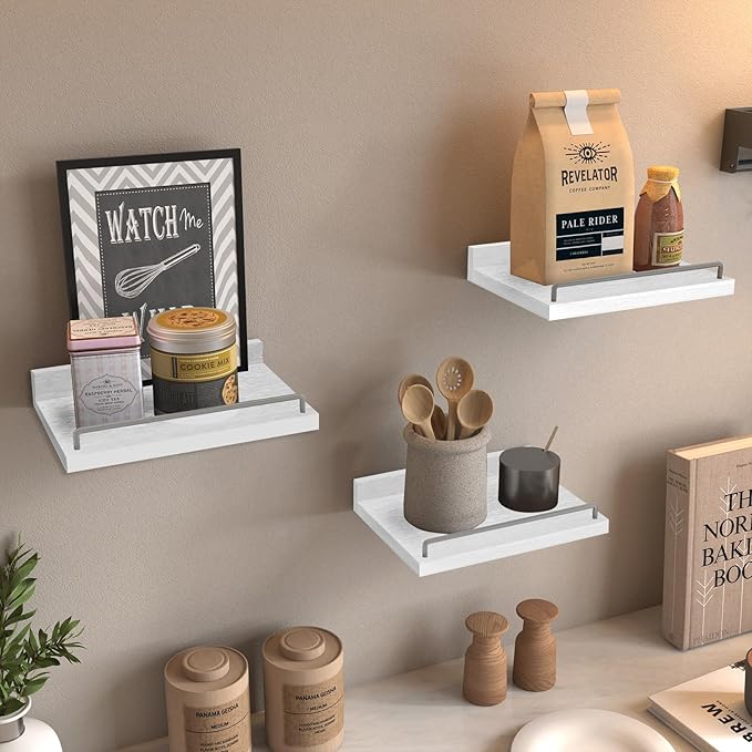 Small Floating Shelf, 6X9 Inches Farmhouse Wall Shelves for Living Room, Bedroom, Picture Frames, Plants, Kitchen, Set of 3 (White and Grey)