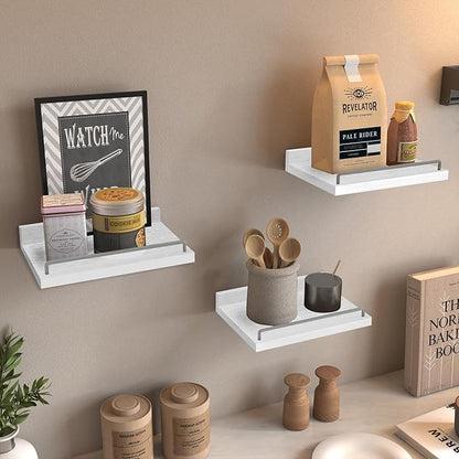 Small Floating Shelf, 6X9 Inches Farmhouse Wall Shelves for Living Room, Bedroom, Picture Frames, Plants, Kitchen, Set of 3 (White and Grey)