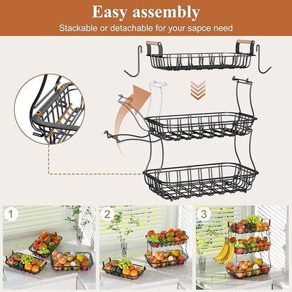 3 Tier Fruit Basket for Kitchen Counter, Fruit Bowl with 2 Banana Hooks Mesh Top, Multifunctional Detachable Sturdy Kitchen Storage Organizer for Vegetables Snacks Onion Potato, Black