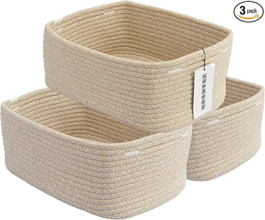 Small Woven Storage Baskets 12“X8”X5“ Decorative Rope Bins for Organizing Shelves, Closets, and Toys, Empty Gift Baskets, Cute Organizer Basket for Home and Office (oatmeal, regular)