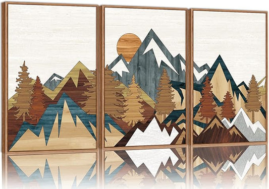 SIGNINART Large Mountain Framed Canvas Wall Art, Boho Sunrise Wilderness Art Prints, Vintage Forest Nature Artwork, Modern Farmhouse Woodcut Style Wall Decor for Living Room Bedroom Office 24"x36"x3