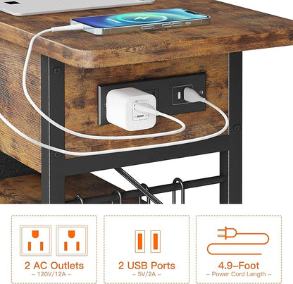 End Table with Charging Station, Flip Top Nightstand with USB Ports and Outlets, Couch Side Table with Fabric Bag and Hooks, Bedside Table for Space Saving, Living Room, Bedroom (Rustic Brown)