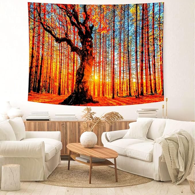 Delur Sunset Forest Tapestry Tree of Life Tropical Rainforest Landscape Tapestry Wall Hanging Scenic Nature Woodland Natural Sunrise Headboard for Bedroom Living Room Home Decor (51.2" x 59.1")