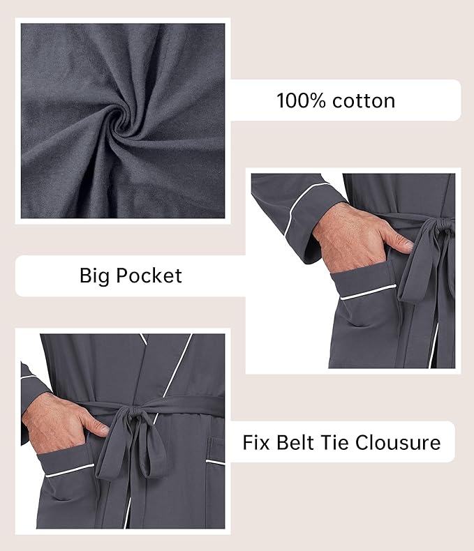 COLORFULLEAF Mens 100% Cotton Robes Lightweight Summer Long Bathrobe Sleepwear Soft Knit Spa Robe with Pockets