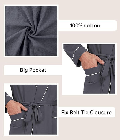 COLORFULLEAF Mens 100% Cotton Robes Lightweight Summer Long Bathrobe Sleepwear Soft Knit Spa Robe with Pockets