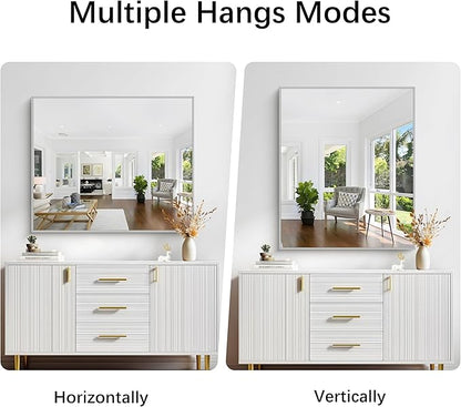 Silver Bathroom Mirror for Wall, 30x36 Inch Rectangle with Metal Frame, Modern Vanity for Bathroom Living Room, Entryway Hangs Horizontal or Vertical