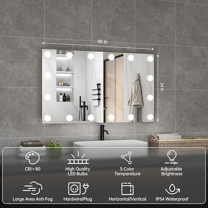 Hasipu LED Bathroom Mirror with Lights, 40" x 24" Hollywood Wall-Mounted Bathroom Mirror with 16 Dimmable Bulbs, 3 Colors Modes, Touch Control, Anti-Fog, Memory Function, Shatter-Proof, ETL Listed