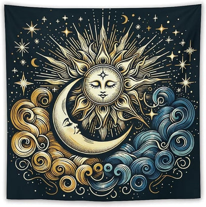 HZOHNAGO Sun Moon Tapestry Boho Golden Stars Pattern Printed Wall Tapestry Wall Hanging for Bedroom Living Room Dorm 60" W x 60" H