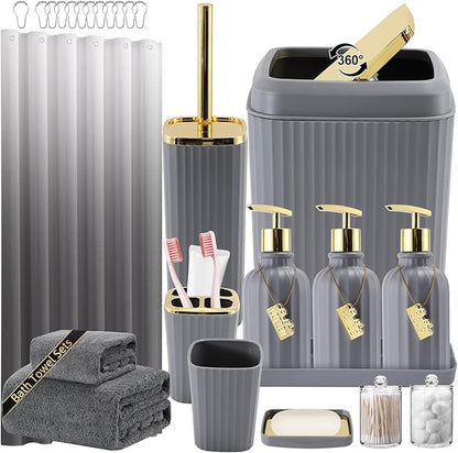 32PCS Bathroom Accessories Set Bathroom Set,Grey Shower Curtain Set,Bath Towel Set,Hand Towel,Toilet Brush,Trash Can & 3PCS Soap Dispenser