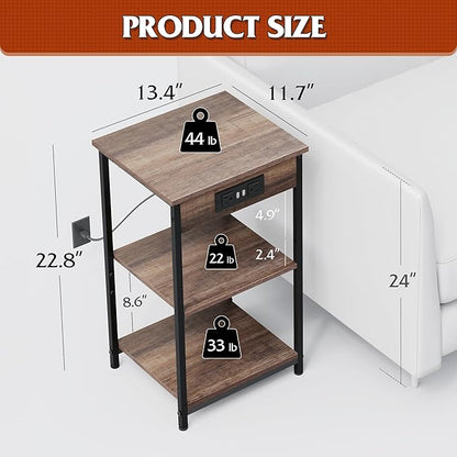 WLIVE Side Table with Charging Station and USB Ports, Small End Tables for Small Spaces, 3-Tier Nightstand with Adjustable Shelf, Bedside Tables, Living Room, Bedroom, Brown
