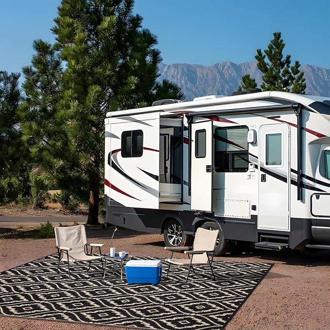 OLANLY Outdoor Rug 6x9 ft Waterproof, Outdoor Plastic Straw Rug with Geometric Pattern Clearance, Reversible RV Mat for Patio, Camping, Balcony, Deck, Backyard, Black & Beige