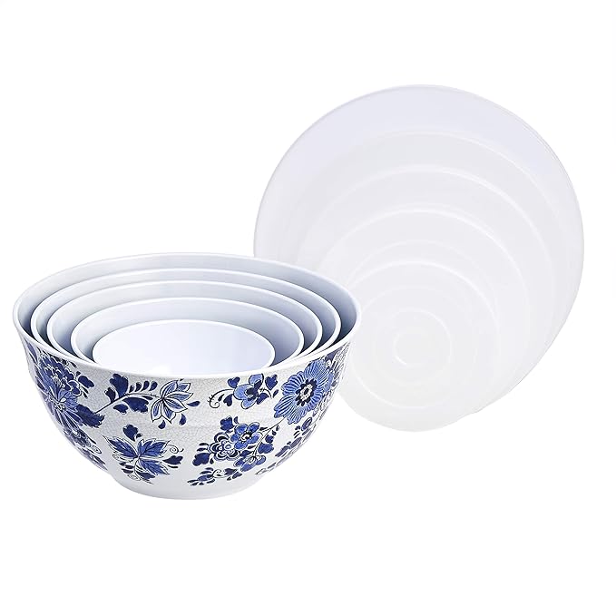 Amazon Basics Nesting Melamine Mixing Round Bowl with Lid and Non-Slip Base, 5 Sizes, Blue and White Floral, Set of 10, 4 quarts, 3 15/16",7 9/16",8 7/8",10",11 1/4"