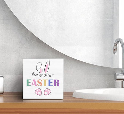 SRADMO Happy Easter Sign, Cute Bunny's Ear Easter Wood Box Sign Desk Decor, Easter Bunny Decorations, Easter Theme Wooden Block Box Sign Decoration for Home Office Shelf Table Decor