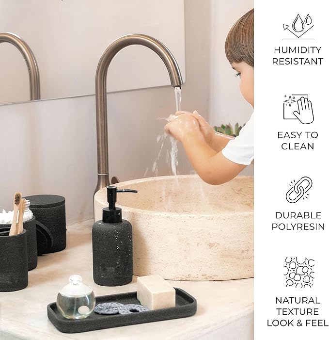 ZCCZ Black Stone Bathroom Accessories Set 6 Pieces - Toothbrush Holder, Lotion Dispenser, Qtip Container, Vanity Tray, Tumbler - Countertop Organizer for Bathrooms - Elegant and Functional Décor Set