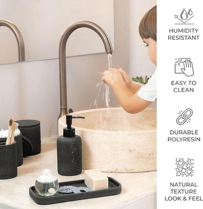 ZCCZ Black Stone Bathroom Accessories Set 6 Pieces - Toothbrush Holder, Lotion Dispenser, Qtip Container, Vanity Tray, Tumbler - Countertop Organizer for Bathrooms - Elegant and Functional Décor Set