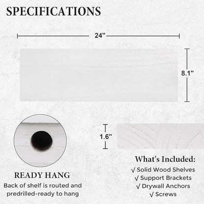 Axeman Floating Shelves, 2 Pack 8 Inch Deep Rustic Solid Wood Wall Shelves for Storage, Wall Mounted Display Shelving with Invisible Heavy-Duty Metal Bracket, 24" W x 8" D x 1.6" H, Distressed White