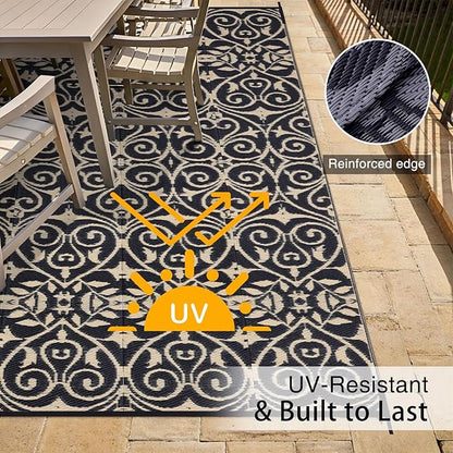 OLANLY Outdoor Rug Waterproof 6x9 ft Clearance, Reversible Outdoor Plastic Straw Rug with Floral Pattern, RV Mat for Patio, Camping, Balcony, Deck, Backyard, Black & Beige