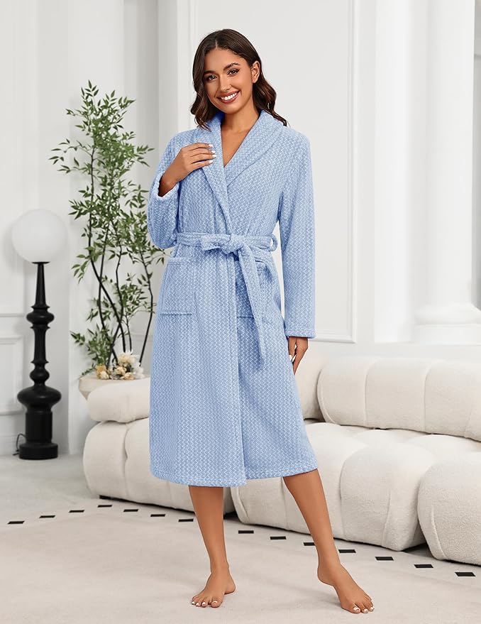 Ekouaer Women's Robe Plush Soft Long Bathrobe Cozy Warm Shawl Collar Spa Robe with Pockets