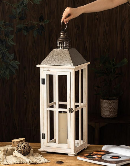 TIMRIS Large Rustic Wooden Decorative Lantern Set of 2, Modern Farmhouse Distressed Whitewash Floor Candle Lanterns, Indoor/Outdoor Hanging Lanterns for Home Decor (No Glass)