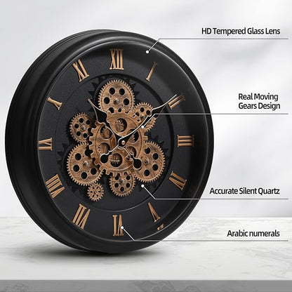 Maxstar Large Moving Gear Wall Clock,16" Vintage Mechanical Battery Operated Industrial Wall Clocks for Farmhouse Living Room,Home Office, Dinning Room, Kitchen, Steampunk Decor-Black,Roman Numeral