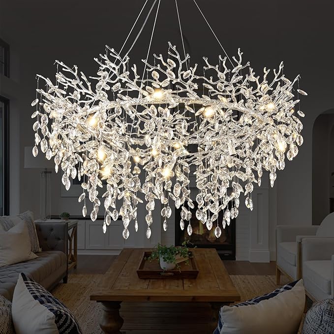 14-Light Modern Living Room Crystal Chandeliers,48" Round Silver Tree Branche Chandelier,Silver K9 Crystal Chandeliers for Dining Room,High Ceiling,Entryway、Foyer
