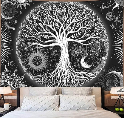 FORATER Tree of Life Tapestry Wall Hanging, Sun and Moon Aesthetic Wall Tapestry Black and White Tapestries Home Decor for Living Room Bedroom(53 x 61 Inch, Black and White)
