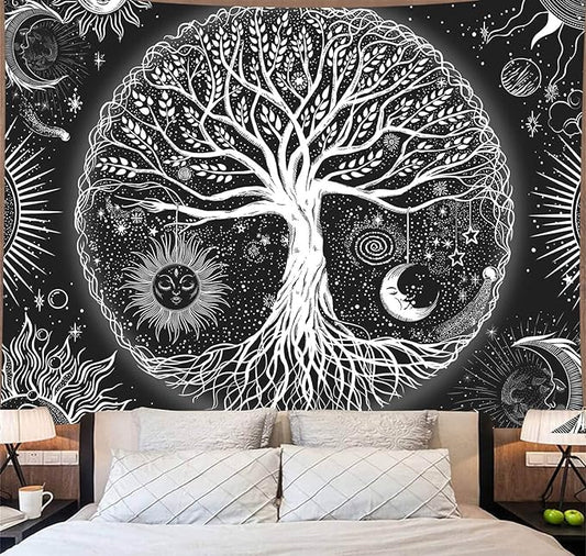 FORATER Tree of Life Tapestry Wall Hanging, Sun and Moon Aesthetic Wall Tapestry Black and White Tapestries Home Decor for Living Room Bedroom(53 x 61 Inch, Black and White)