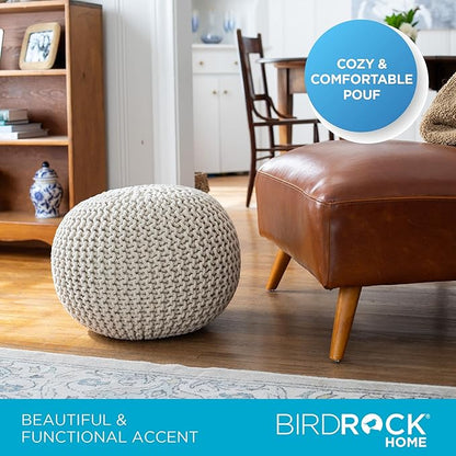 BIRDROCK HOME Round Pouf Ottoman | Cotton Braided Foot Stool with Bean Bag Filling | Boho Foot Rest for Living Room & Bedroom | Compact & Comfortable Seating, Lightweight & Soft | Ivory